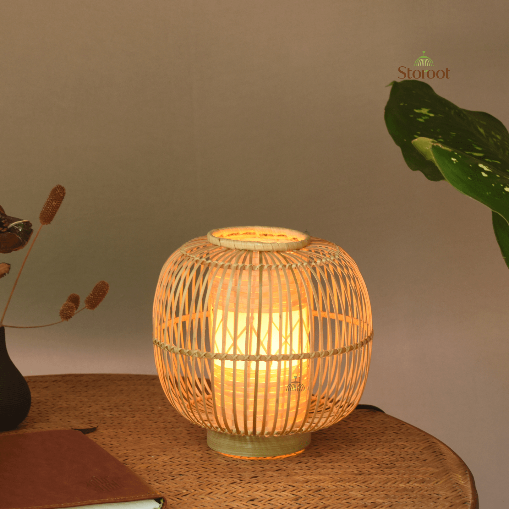 Handmade bamboo table lamp with mushroom shape used as a night lamp