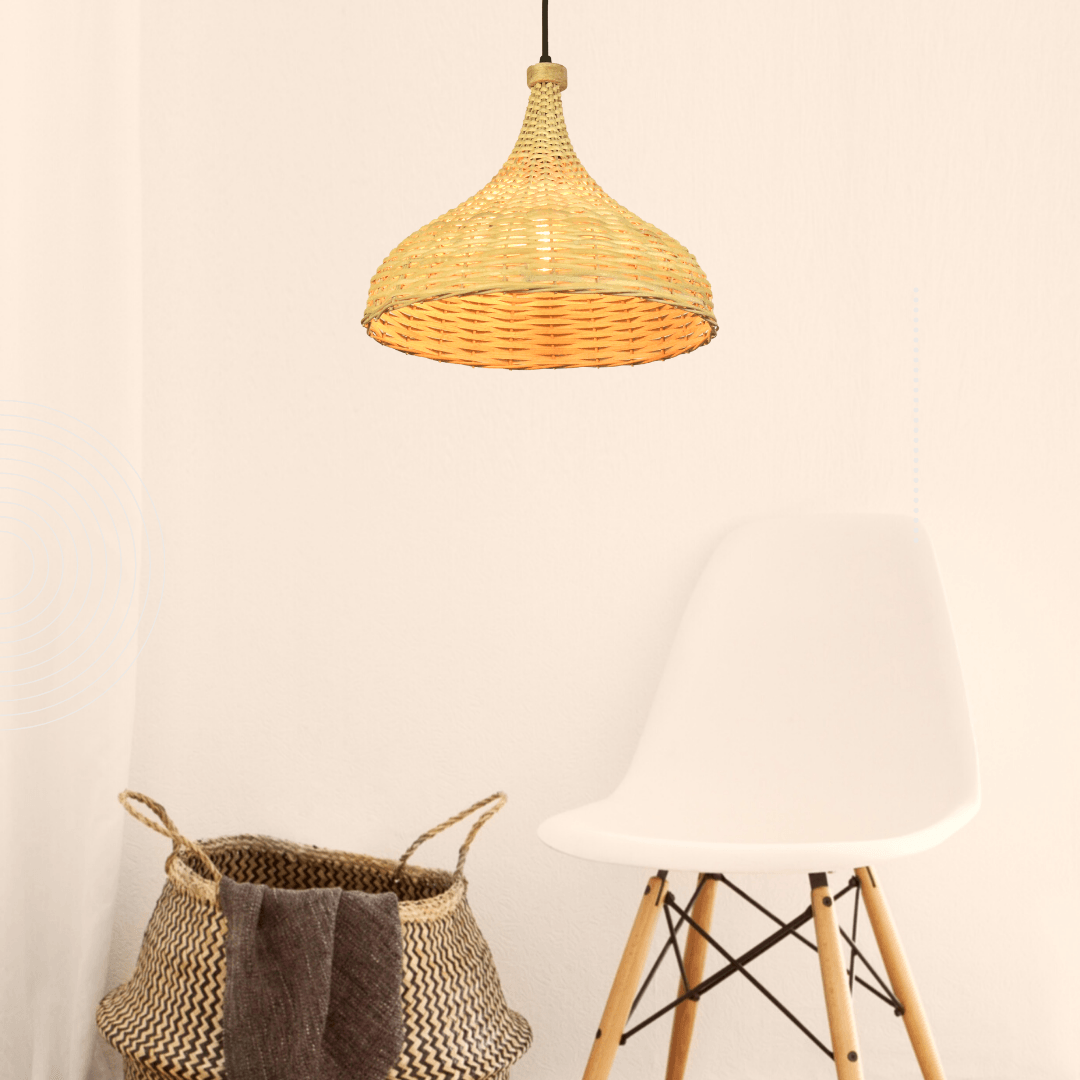 Elegant cane hanging lamp with a warm, natural light in a boho theme room