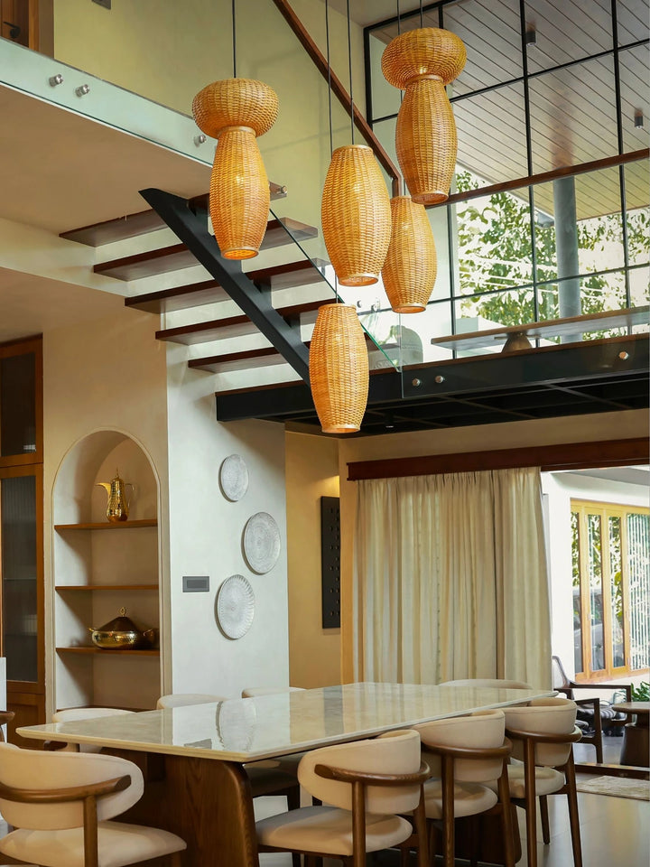 Celora Cluster of 5 | Handwoven Cane Wicker Double Height Chandelier | Luxury Staircase & Foyer Pendant Light
