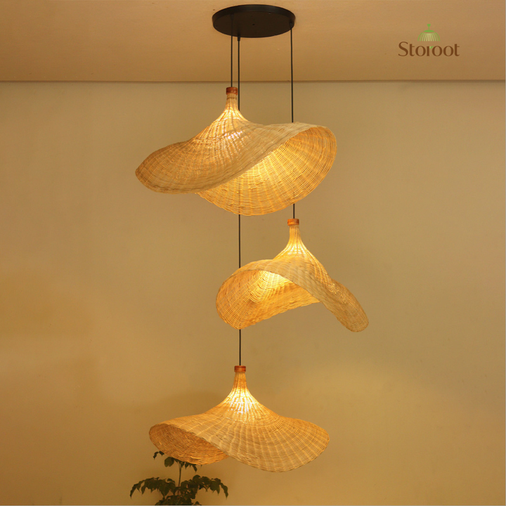 Onda D76 Cane Wicker Chandelier – Cluster of 3 Double Height Pendant Light