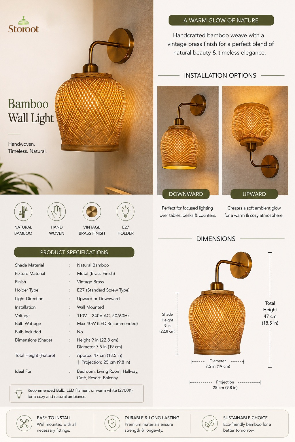 Bamboo Wall Light with Vintage Brass Fixture – Handwoven Wall Sconce
