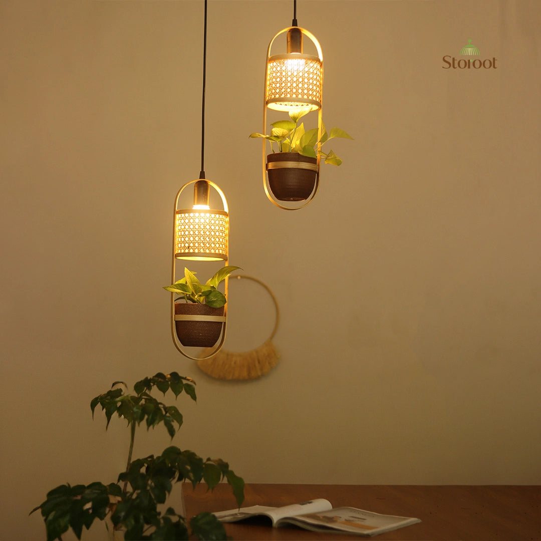 LeafLight Bamboo Planter Pendant Lamp H17 – Hanging Bamboo & Rattan Cane Light
