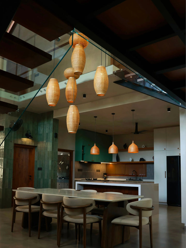 Celora Cluster of 5 | Handwoven Cane Wicker Double Height Chandelier | Luxury Staircase & Foyer Pendant Light
