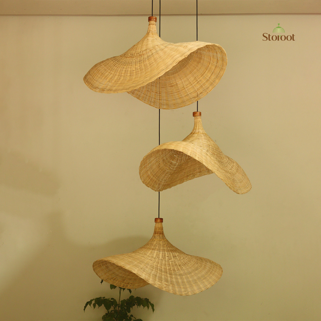 Onda D76 Cane Wicker Chandelier – Cluster of 3 Double Height Pendant Light