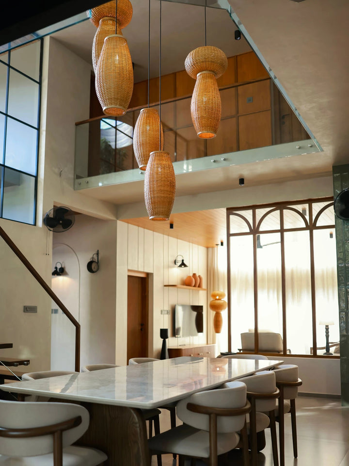 Celora Cluster of 5 | Handwoven Cane Wicker Double Height Chandelier | Luxury Staircase & Foyer Pendant Light