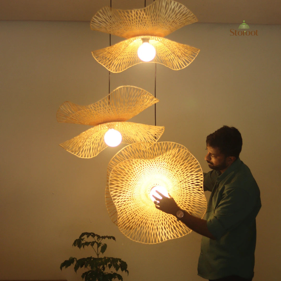 Hibisca Cluster of 3 Bamboo Pendant Light for Double Height Spaces