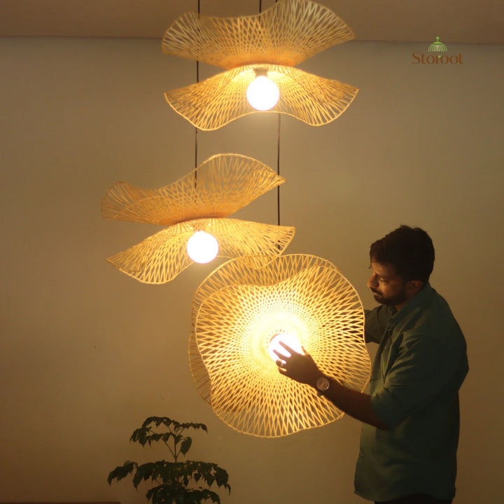 Hibisca Cluster of 3 Bamboo Pendant Light for Double Height Spaces