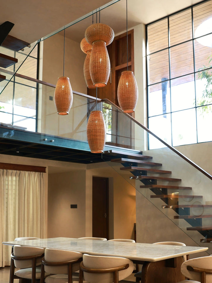 Celora Cluster of 5 | Handwoven Cane Wicker Double Height Chandelier | Luxury Staircase & Foyer Pendant Light