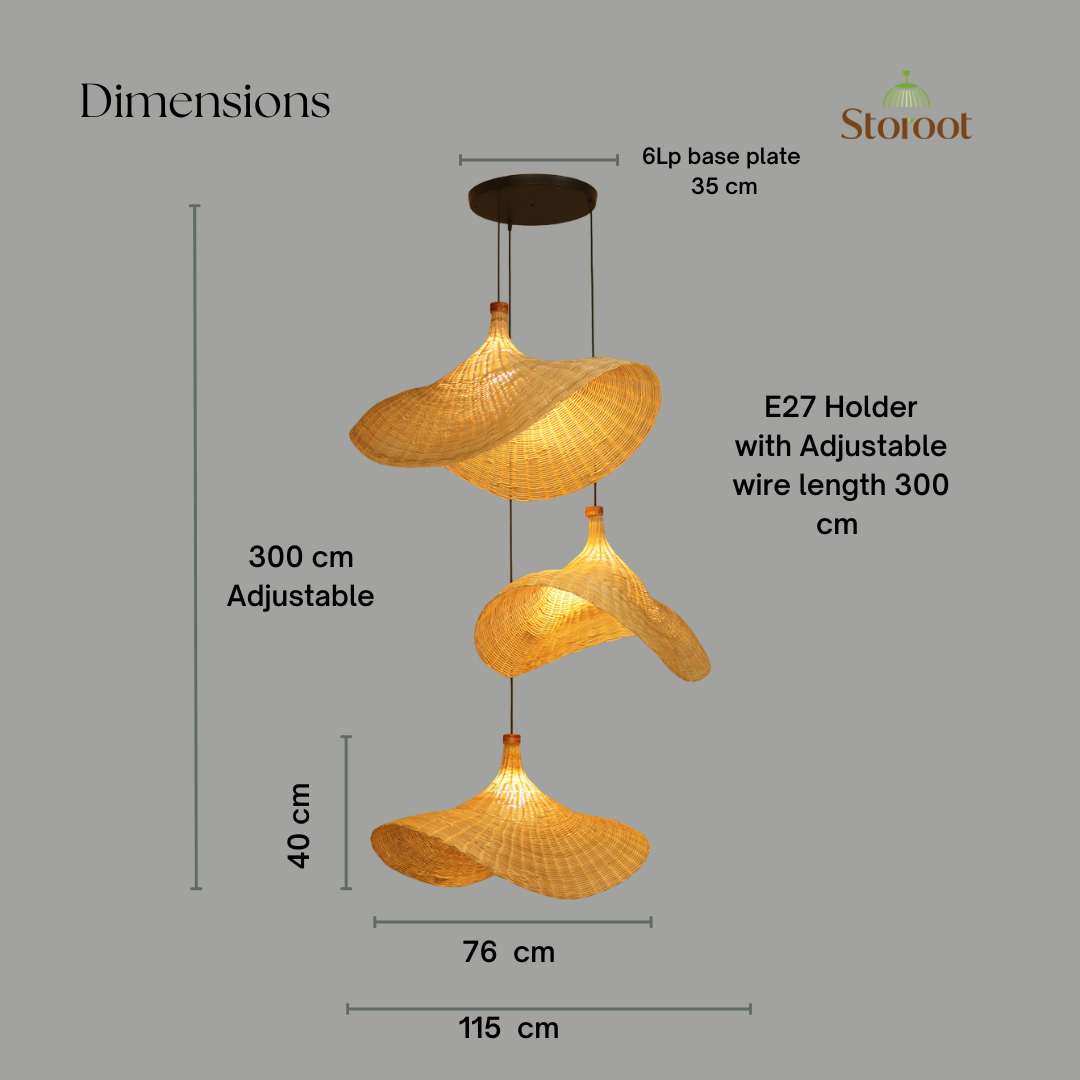 Onda D76 Cane Wicker Chandelier – Cluster of 3 Double Height Pendant Light