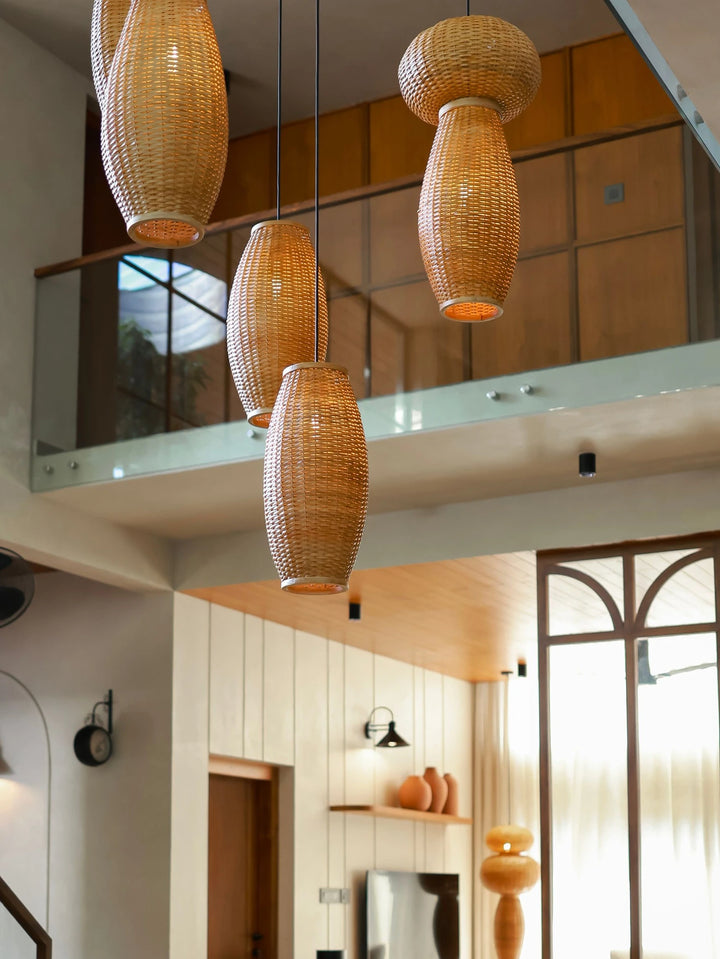 Celora Cluster of 5 | Handwoven Cane Wicker Double Height Chandelier | Luxury Staircase & Foyer Pendant Light
