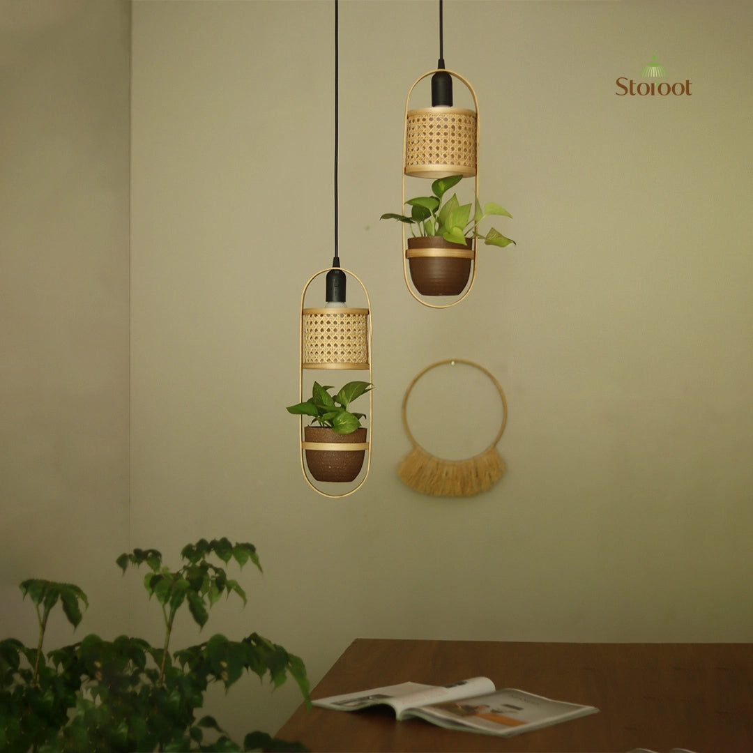 LeafLight Bamboo Planter Pendant Lamp H17 – Hanging Bamboo & Rattan Cane Light