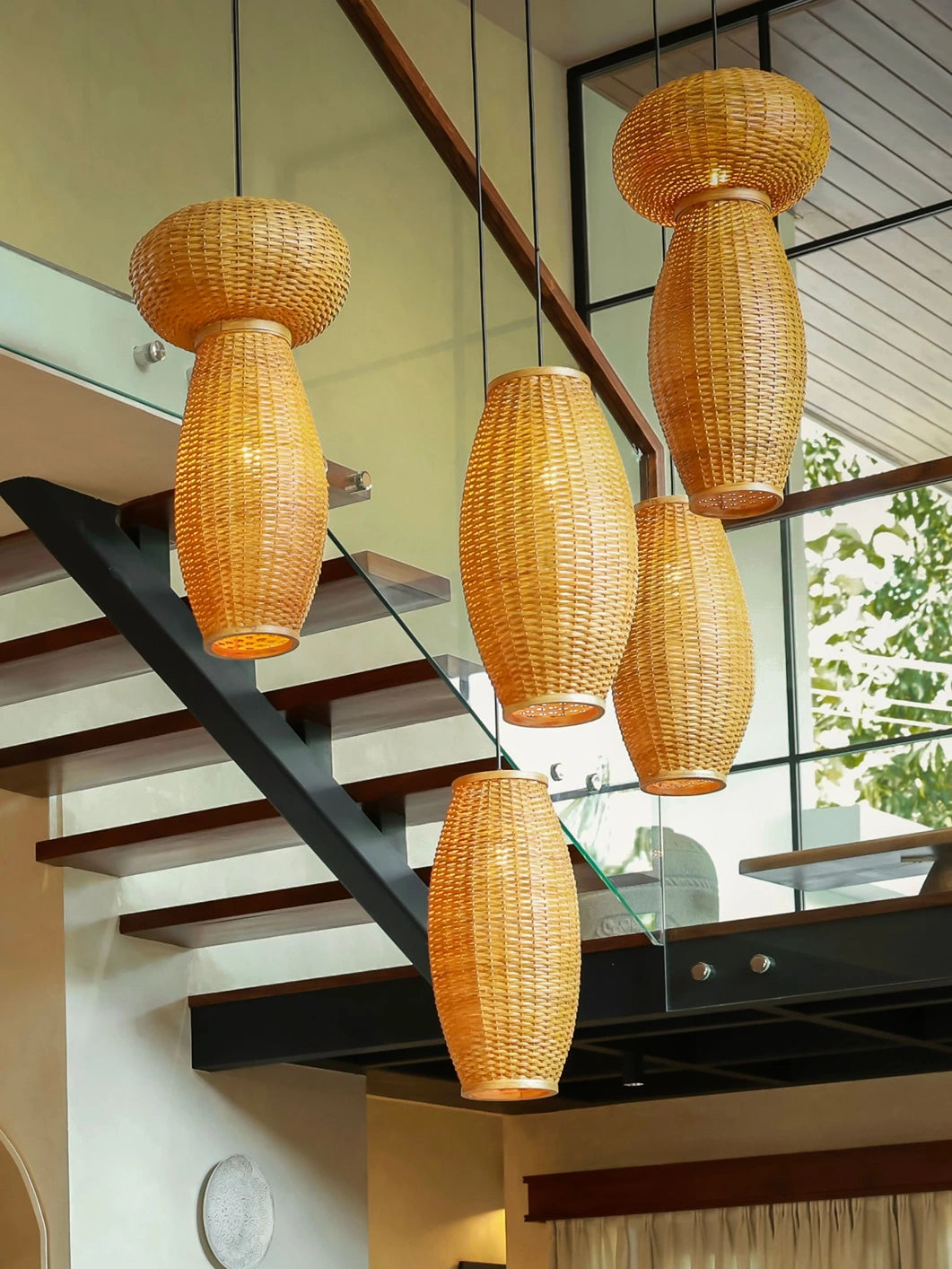 Celora Cluster of 5 | Handwoven Cane Wicker Double Height Chandelier | Luxury Staircase & Foyer Pendant Light