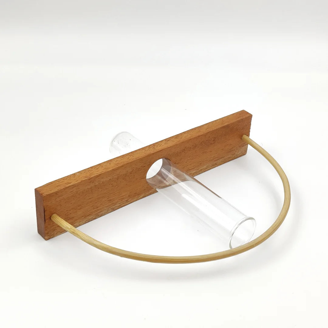 The Bogen Test Tube Planter laid flat, highlighting the test tube and wood-bamboo structure.