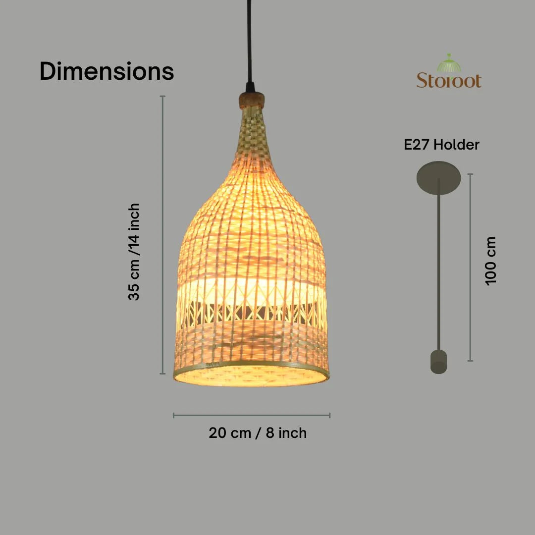 Dimensions of the Botella Bamboo Hanging Light, including height, diameter, and cord length