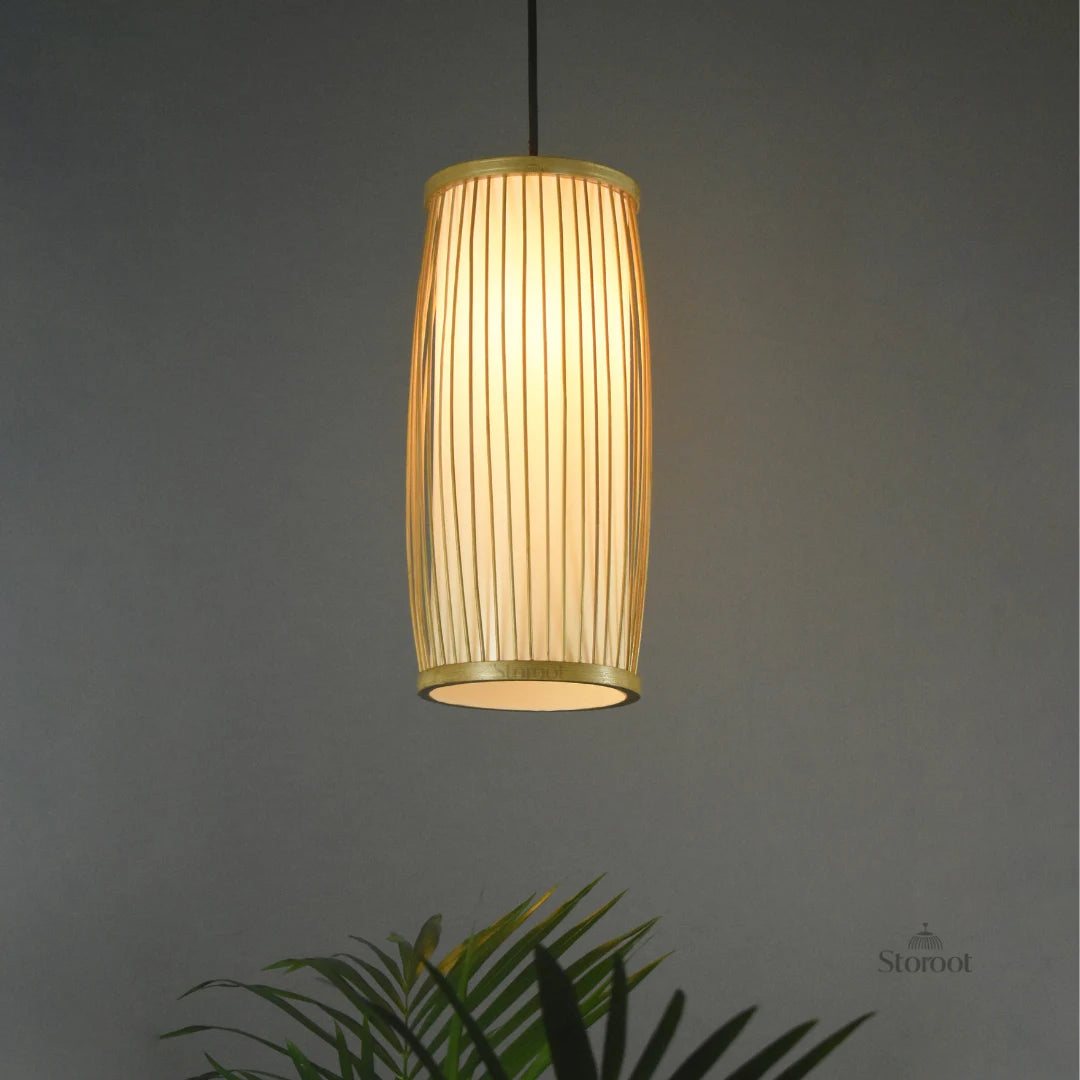 Front view of the Celocia Bamboo Hanging Lamp, highlighting the intricate handwoven bamboo strips.