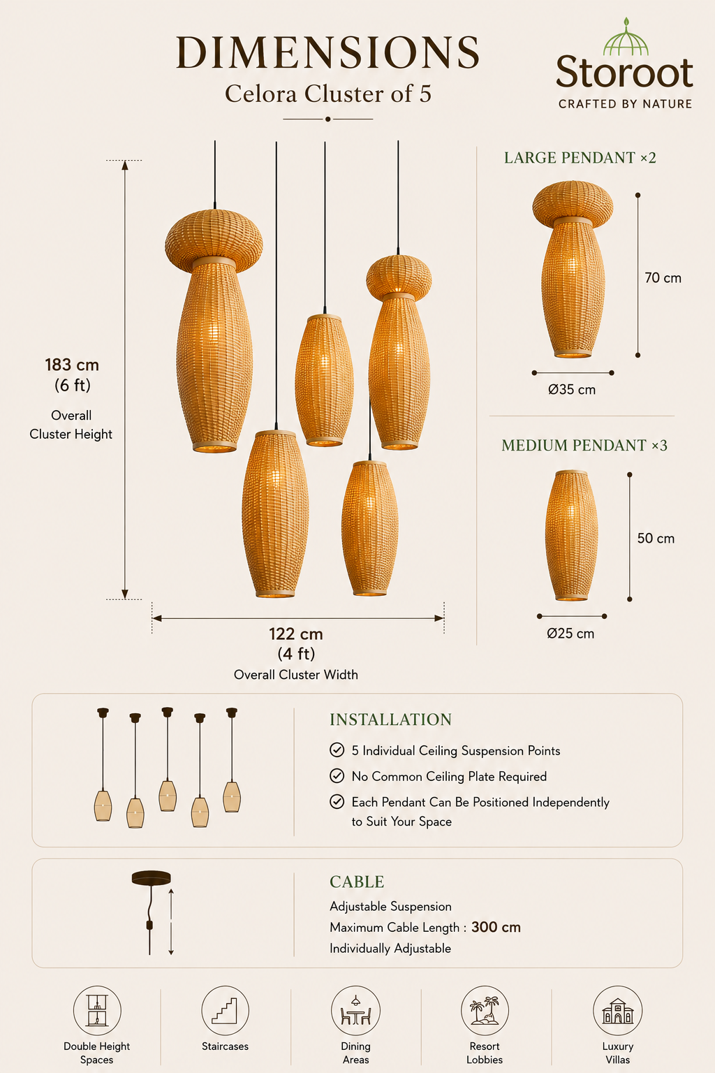 Celora Cluster of 5 | Handwoven Cane Wicker Double Height Chandelier | Luxury Staircase & Foyer Pendant Light