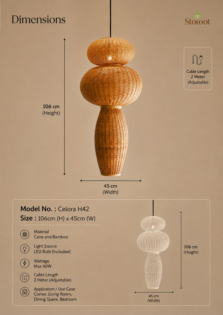Celora H42 Cane Wicker Pendant Lamp | Handmade Bamboo Hanging Chandelier