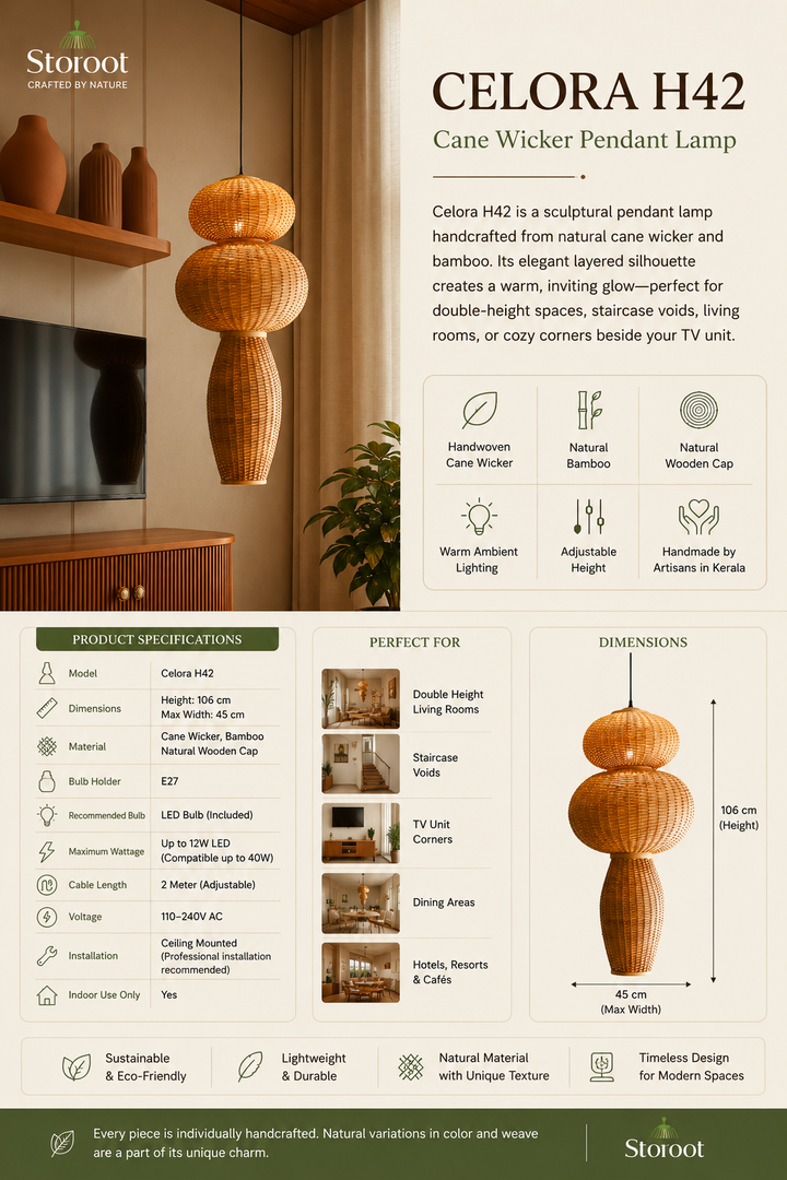 Celora H42 Cane Wicker Pendant Lamp | Handmade Bamboo Hanging Chandelier