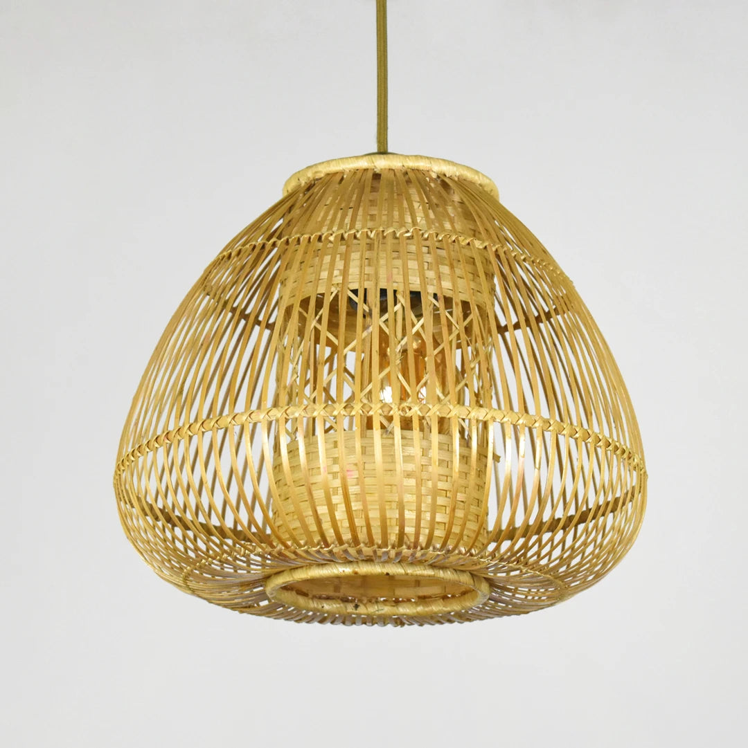 Close-Up Detail of Handwoven Mushroom Bamboo Pendant Light