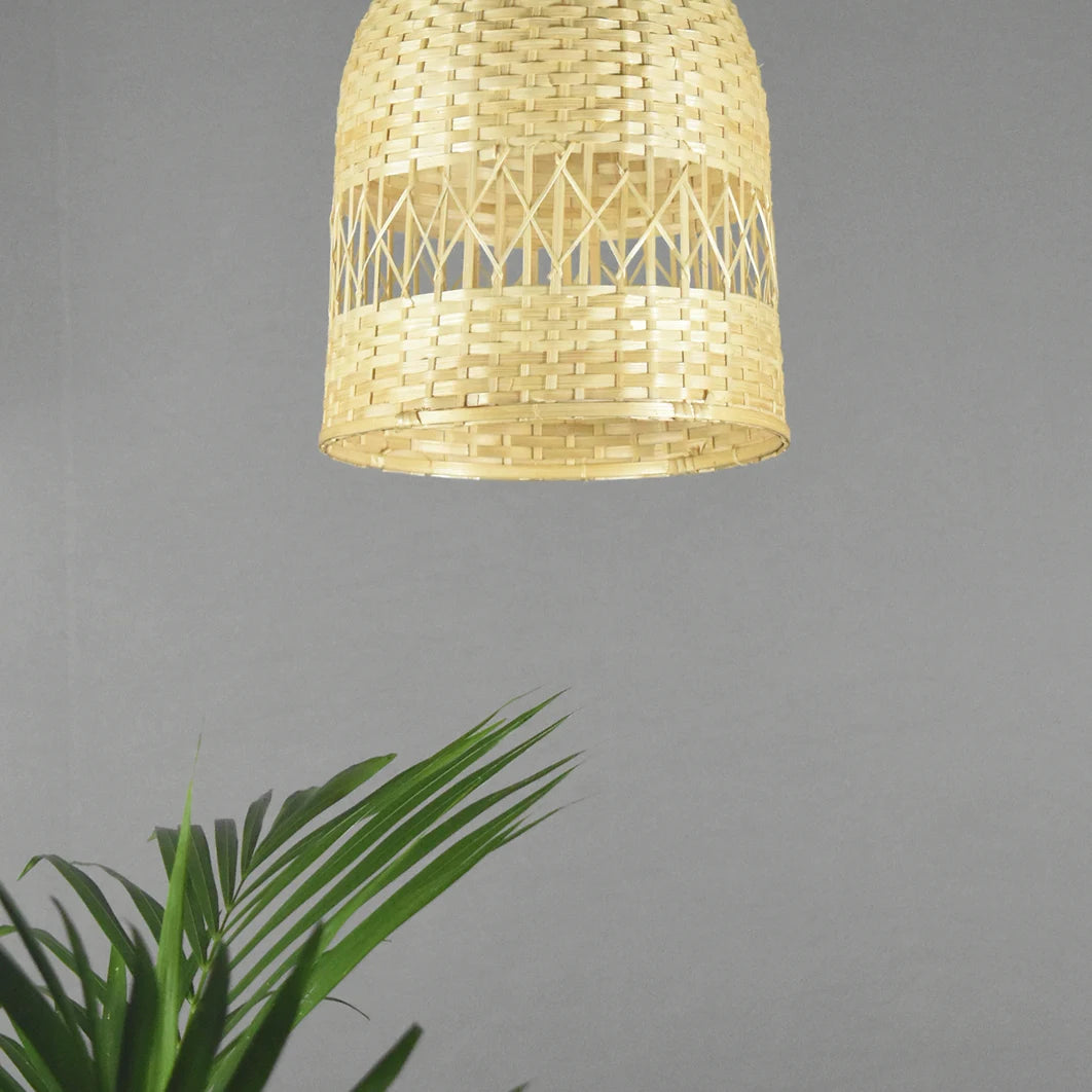 Close-up of the intricate bamboo weave on the Botella Bamboo Hanging Lamp.