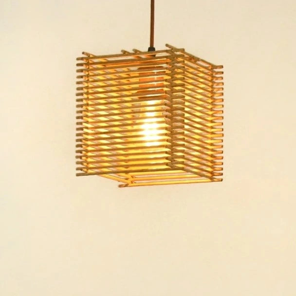 Close-up of LightNest Square Bamboo Pendant Light - A detailed view of the smooth bamboo dowels arranged in a square design, showcasing the craftsmanship.