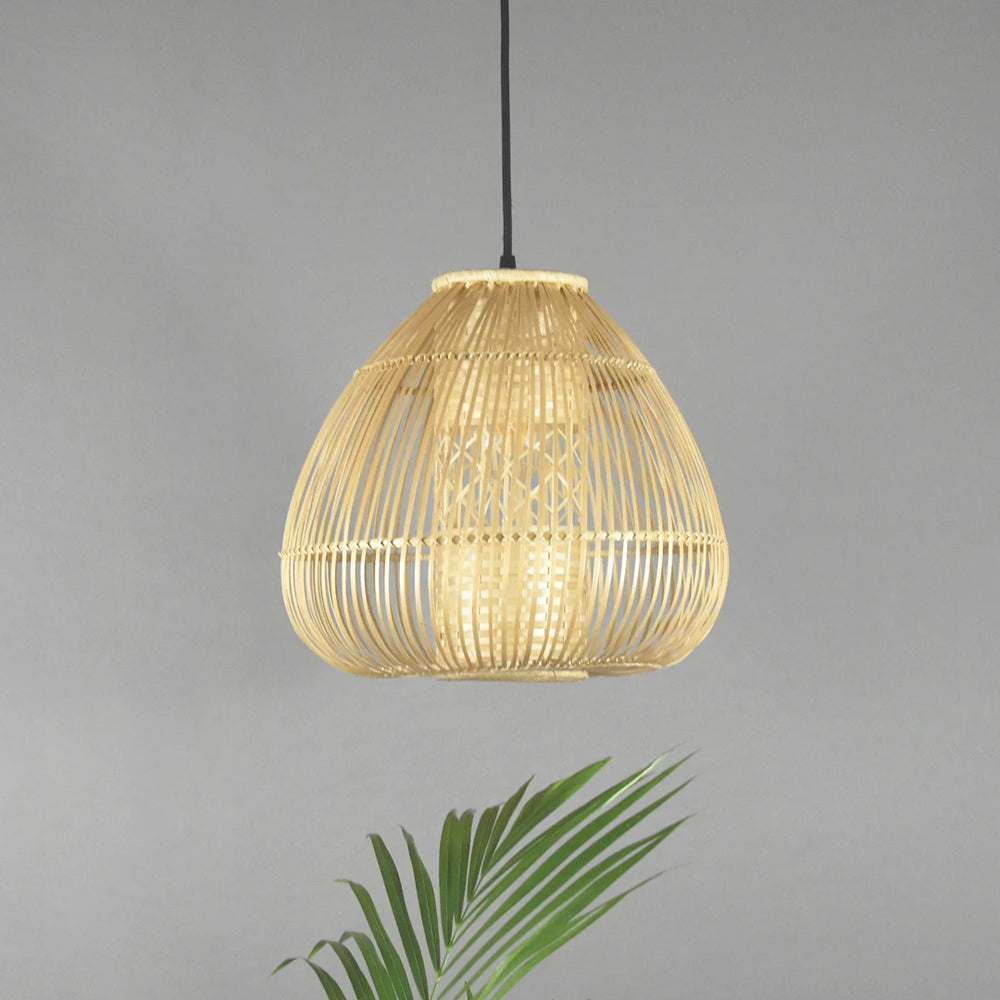 Detailed view of Mushroom Bamboo Pendant Light's wicker-like pattern. This bamboo ceiling light adds a touch of warmth and elegance to any space.