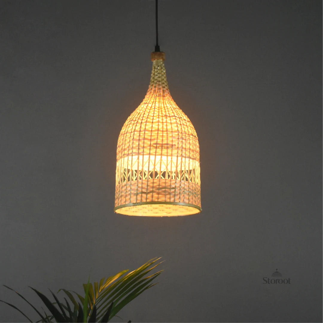 Handmade Botella Bamboo Hanging Light illuminating a living space