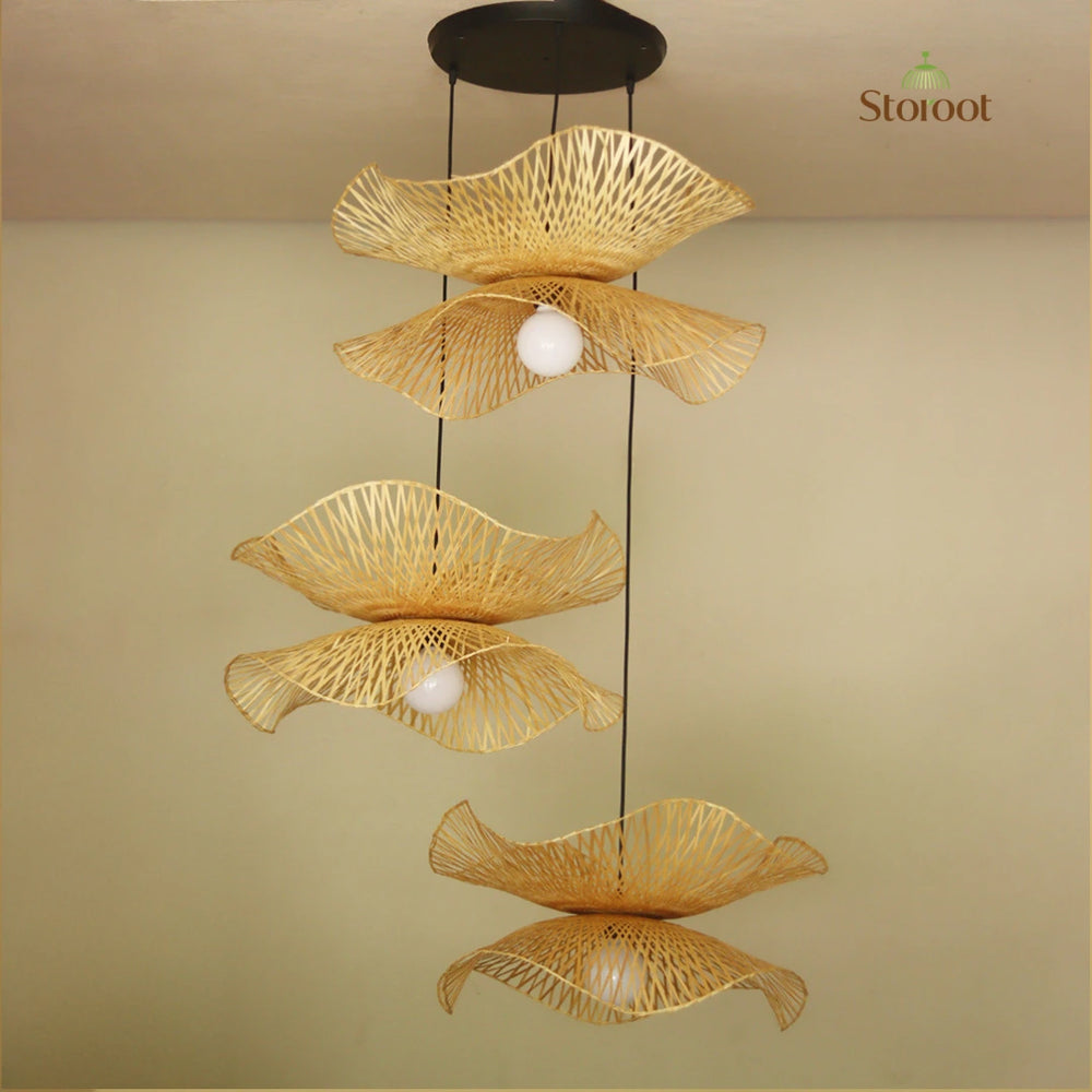 Handmade Hibisca cluster of 3 bamboo pendant lights suspended at varying heights