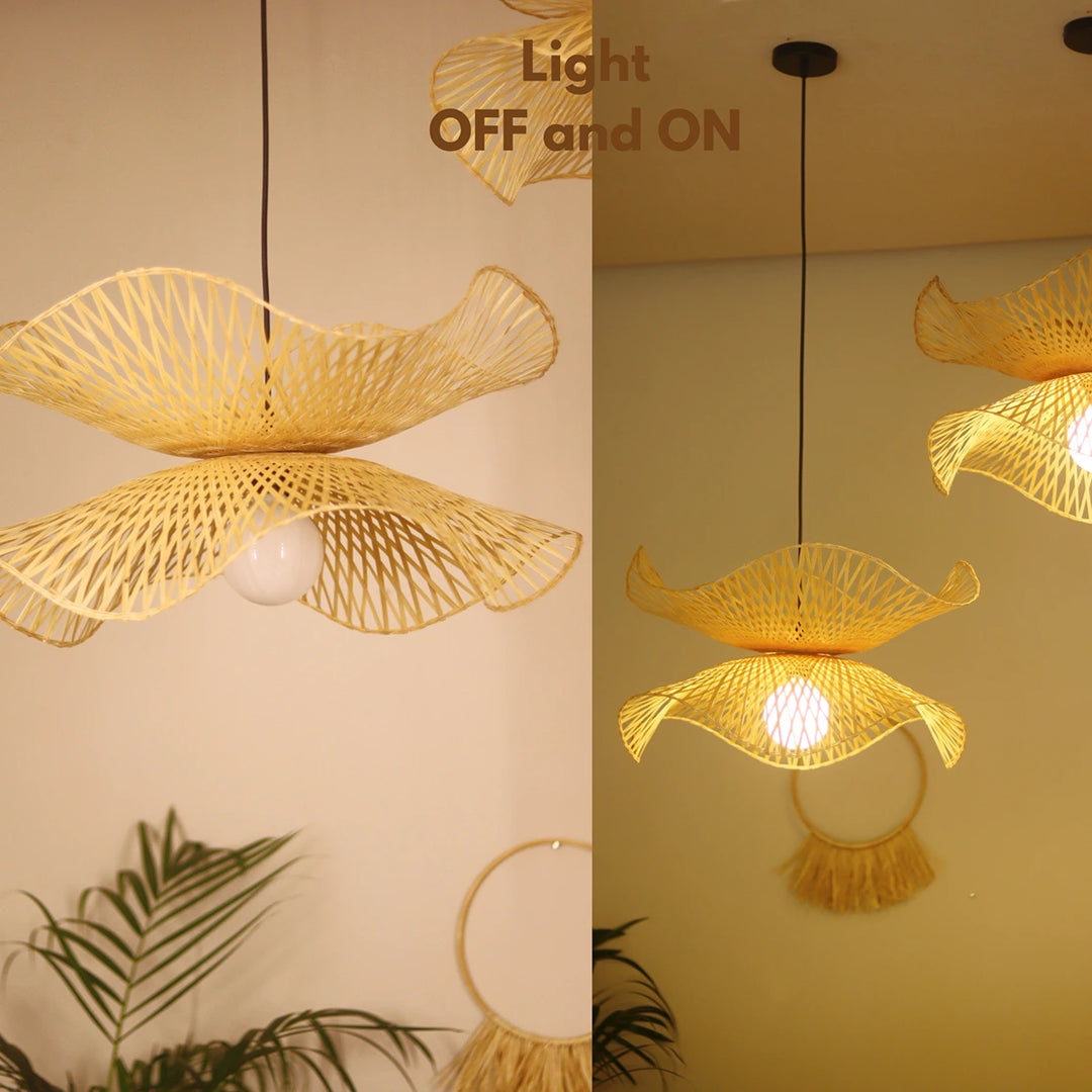 Bamboo pendant light fixture shown in 'Off' and 'On' states with a plant in the background.