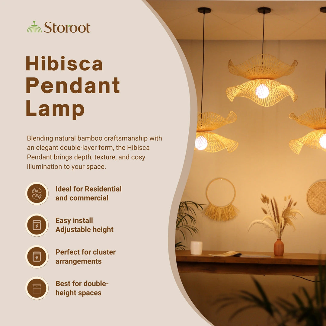 Hibisca bamboo Pendant Lamp with Storoot branding and product features on a beige background