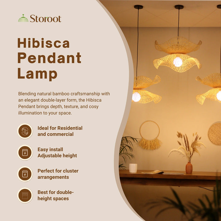 Hibisca bamboo Pendant Lamp with Storoot branding and product features on a beige background