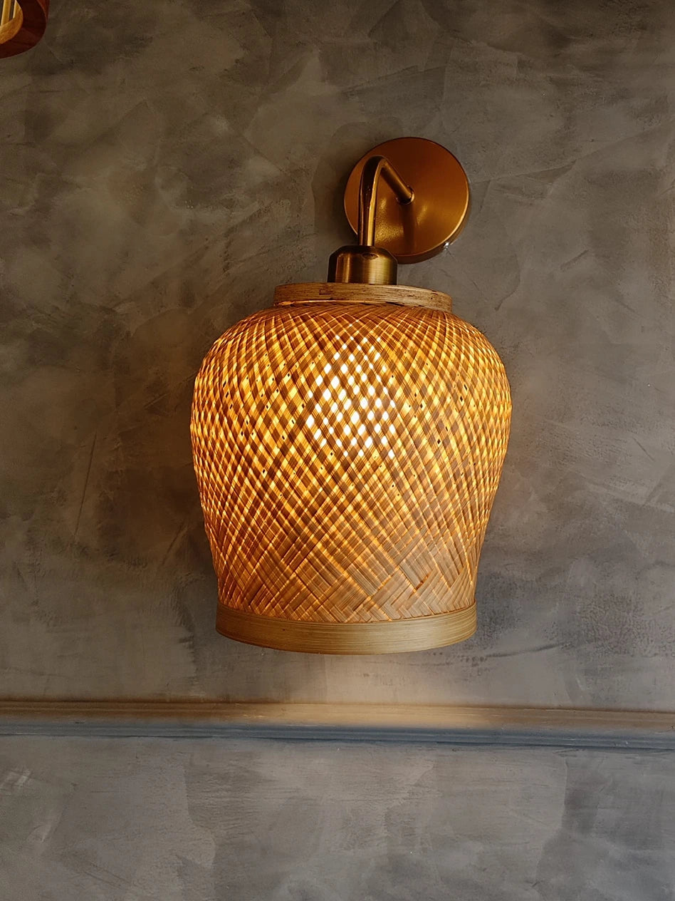 Bamboo Wall Light with Vintage Brass Fixture – Handwoven Wall Sconce
