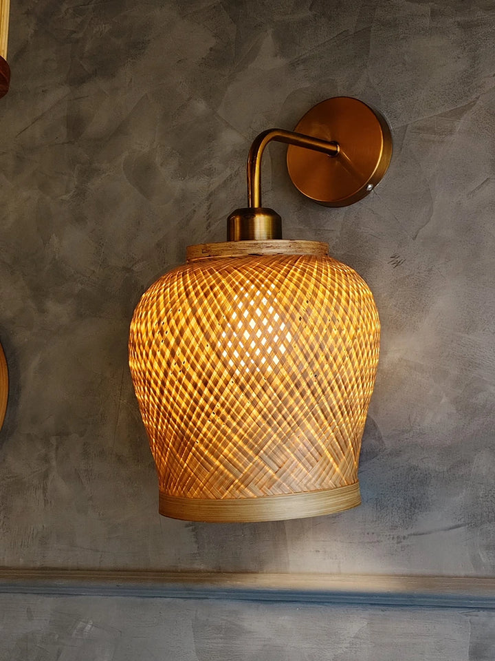 Bamboo Wall Light with Vintage Brass Fixture – Handwoven Wall Sconce