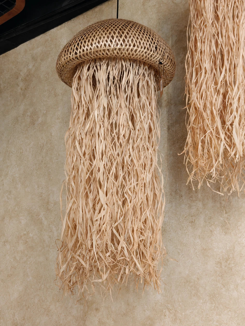 JellyLight Bamboo & Palm Leaf Pendant Light – Jellyfish Inspired Hanging Lamp