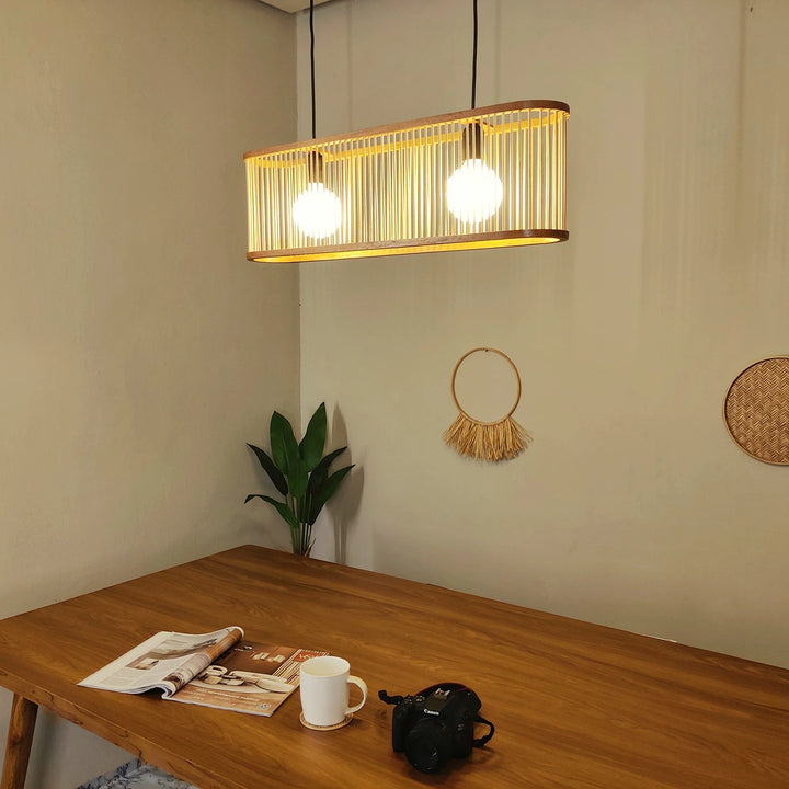 Orlina Bamboo Curved Linear Chandelier – 65 cm | Handmade Pendant Light
