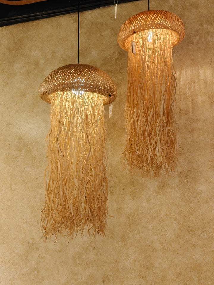 JellyLight Bamboo & Palm Leaf Pendant Light – Jellyfish Inspired Hanging Lamp