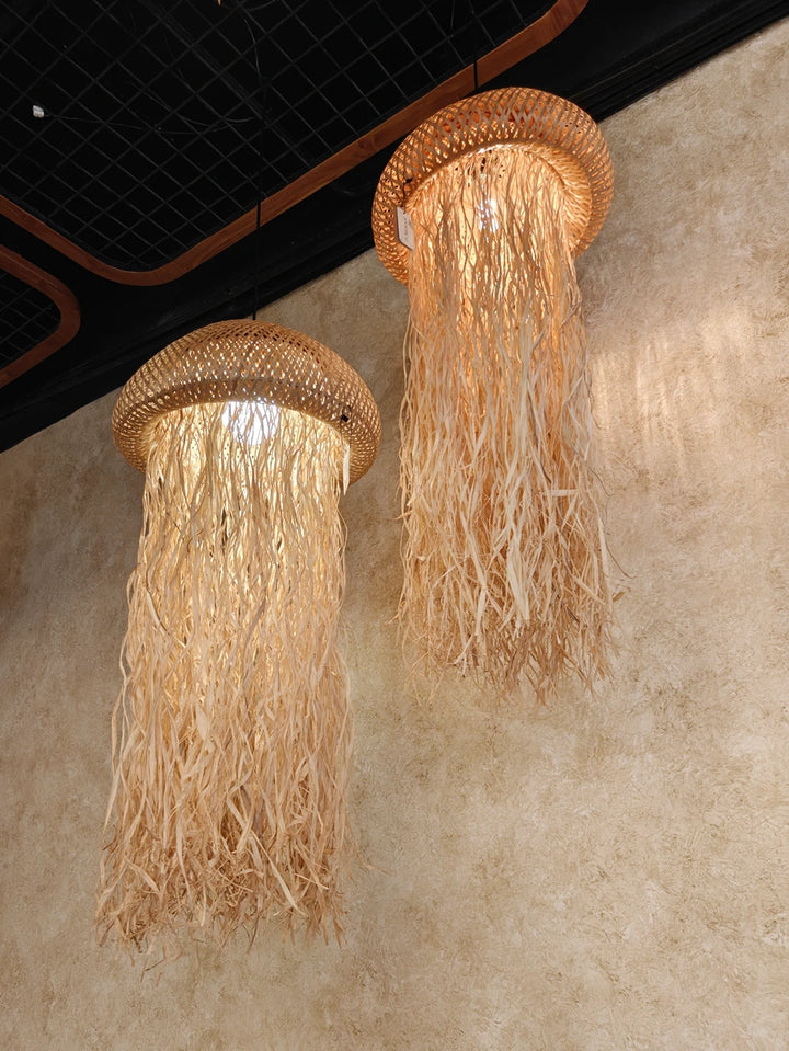 JellyLight Bamboo & Palm Leaf Pendant Light – Jellyfish Inspired Hanging Lamp