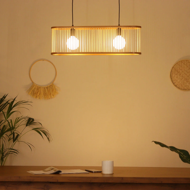 Orlina Bamboo Curved Linear Chandelier – 65 cm | Handmade Pendant Light