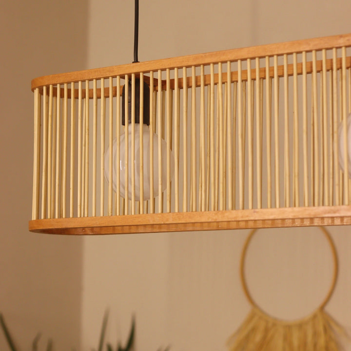 Orlina Bamboo Curved Linear Chandelier – 65 cm | Handmade Pendant Light