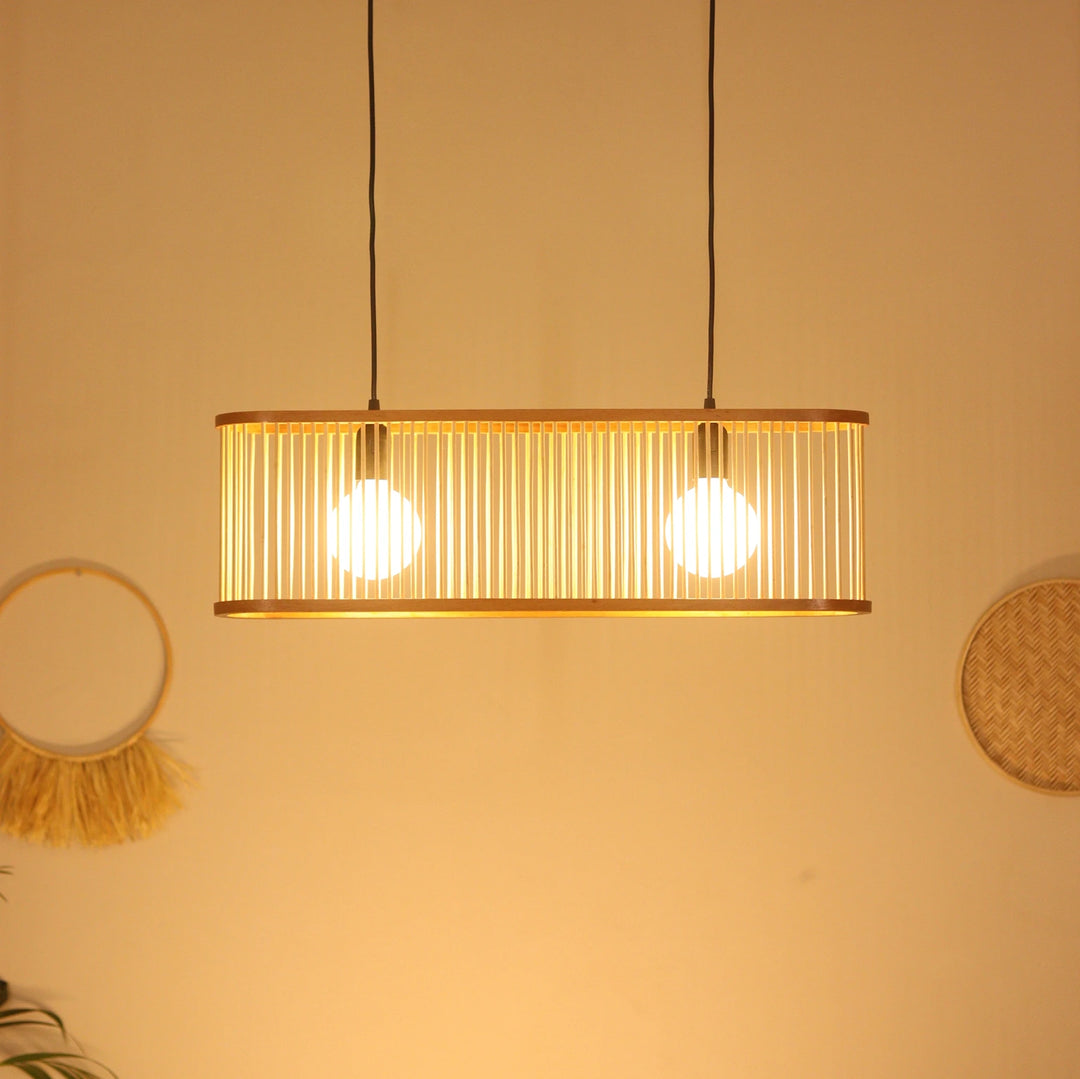 Orlina Bamboo Curved Linear Chandelier – 65 cm | Handmade Pendant Light