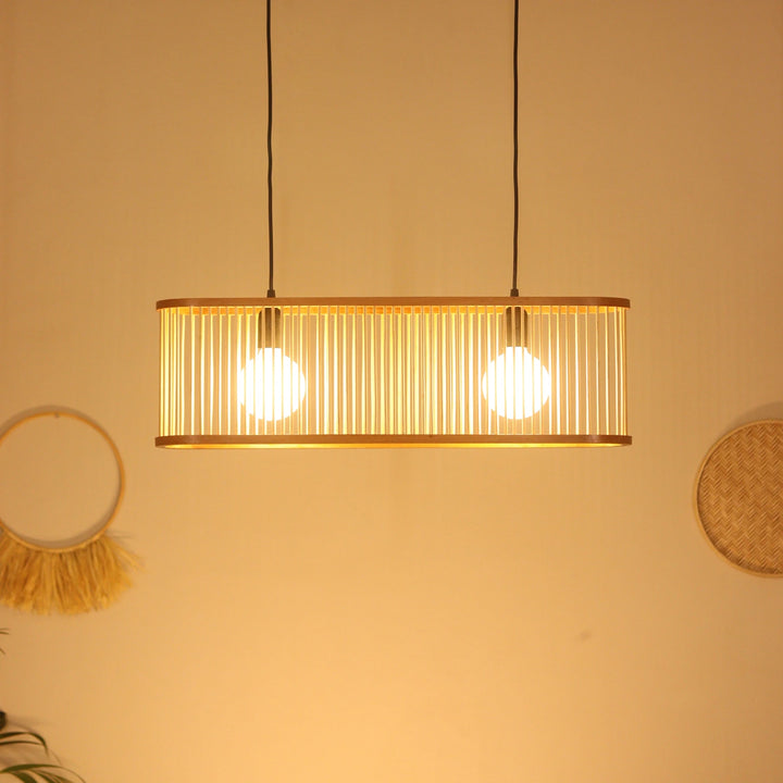Orlina Bamboo Curved Linear Chandelier – 65 cm | Handmade Pendant Light