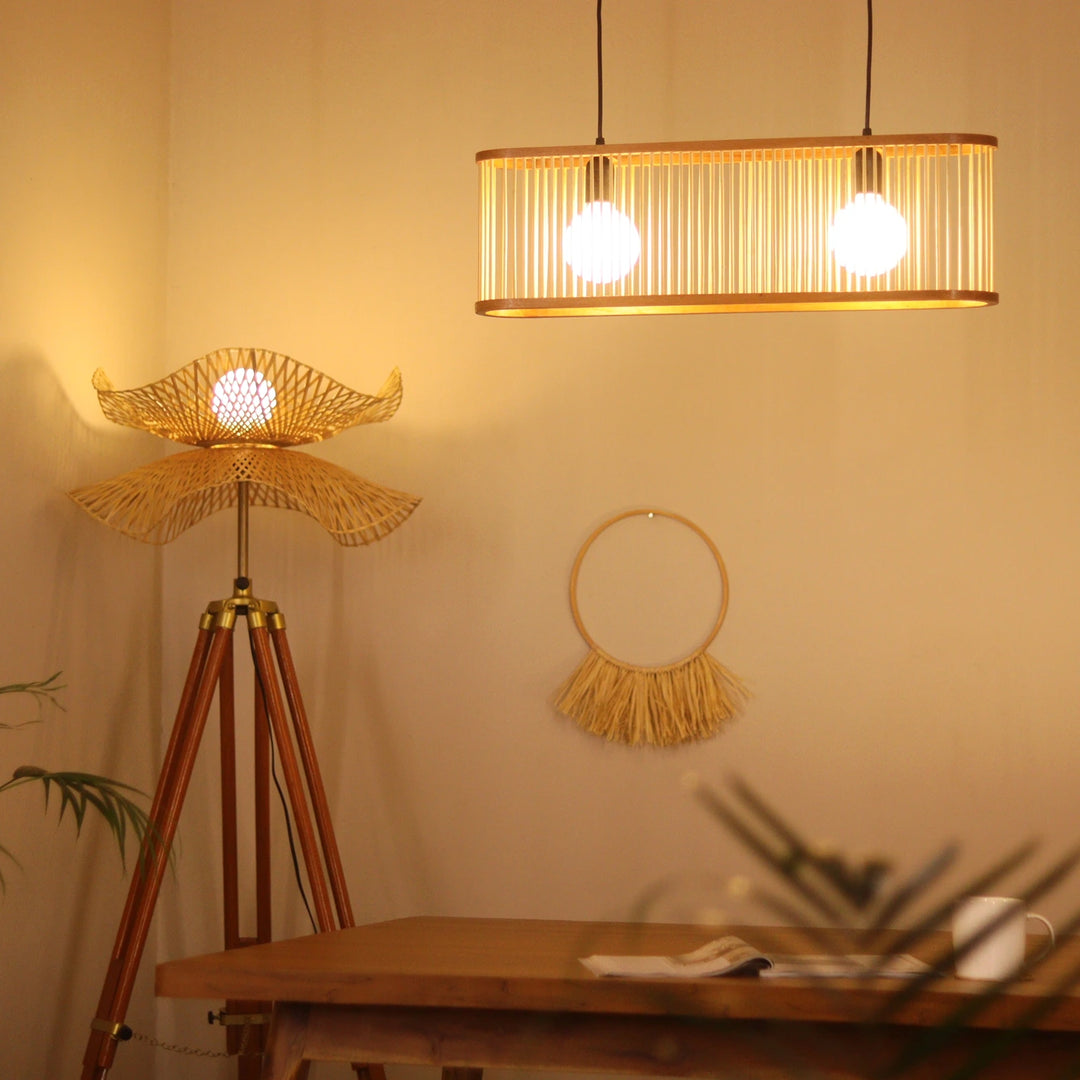 Orlina Bamboo Curved Linear Chandelier – 65 cm | Handmade Pendant Light