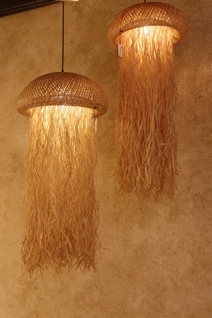 JellyLight Bamboo & Palm Leaf Pendant Light – Jellyfish Inspired Hanging Lamp
