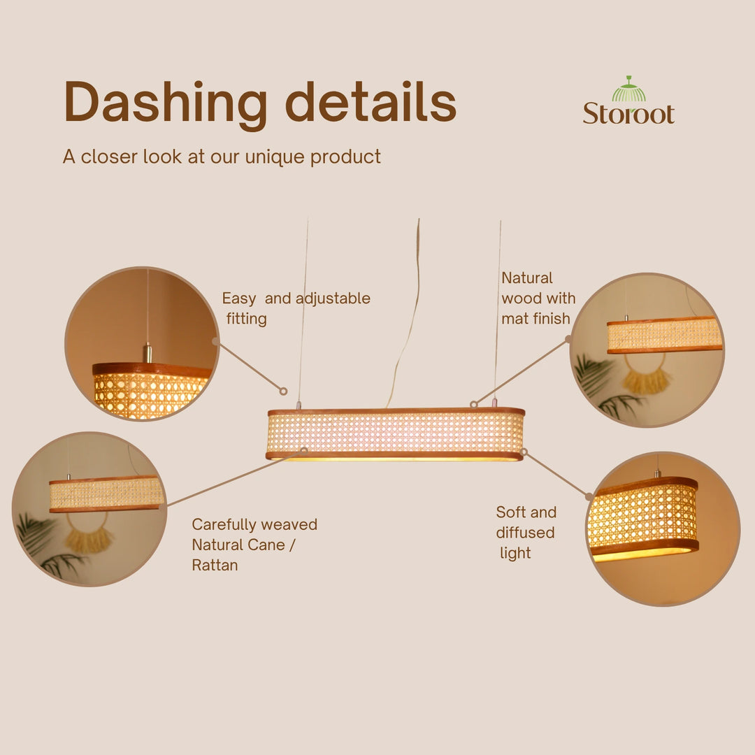 Lantova Rattan Cane Linear Light – Long Chandelier for Dining