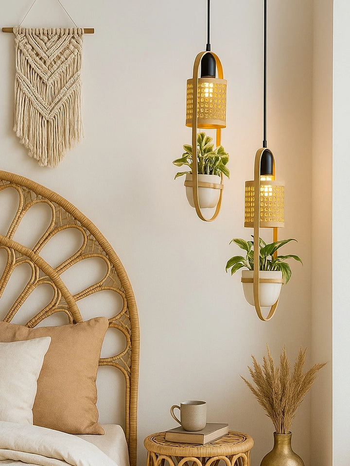 LeafLight Bamboo Planter Pendant Lamp – Hanging Bamboo & Rattan Cane Light