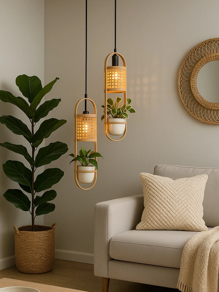 LeafLight Bamboo Planter Pendant Lamp – Hanging Bamboo & Rattan Cane Light