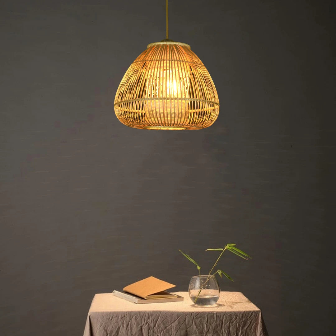 Mushroom Bamboo Pendant Light adding a natural touch to a contemporary interior. A versatile hanging light for both residential and commercial settings.