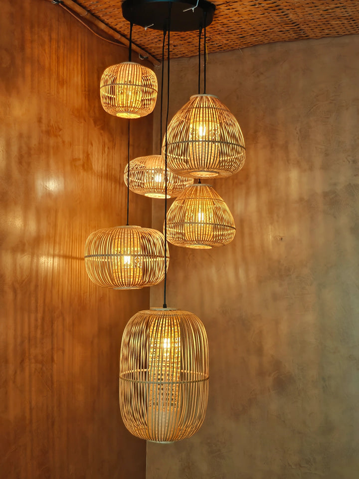 Huba Cluster of 6 – Handcrafted Bamboo Double Height Chandelier