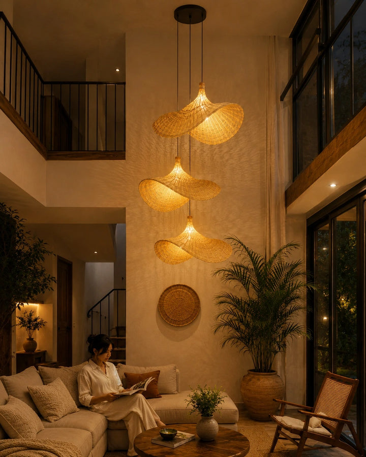 Onda D76 Cane Wicker Chandelier – Cluster of 3 Double Height Pendant Light