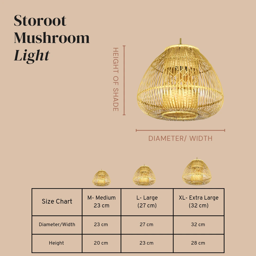 Size comparison of Mushroom Bamboo Pendant Light, available in medium, large, and extra-large. Crafted from sustainable bamboo, perfect as a cane pendant light for eco-conscious buyers.